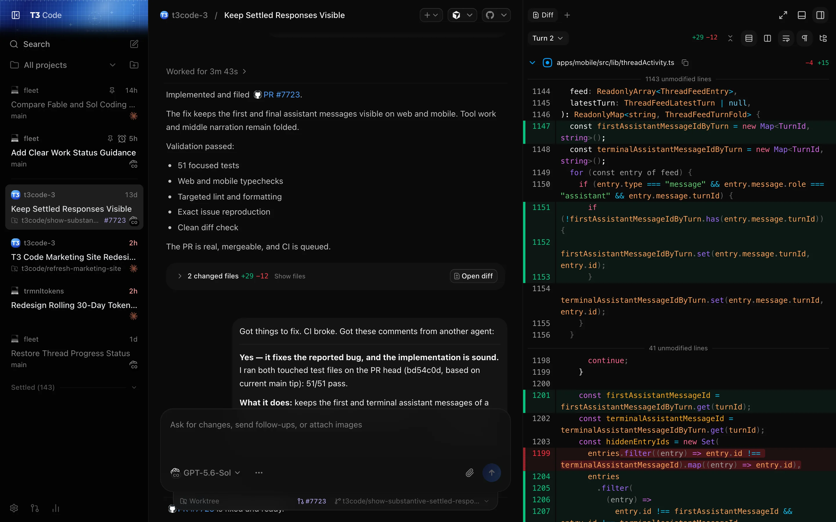 Supacode with a settled thread beside its pull request diff